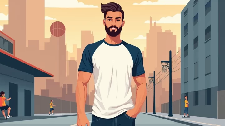 Ilustração corporativa flat de camiseta raglan masculina com mangas contrastantes em ambiente urbano e esportivo