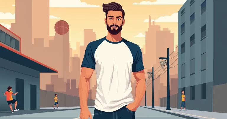 Ilustração corporativa flat de camiseta raglan masculina com mangas contrastantes em ambiente urbano e esportivo