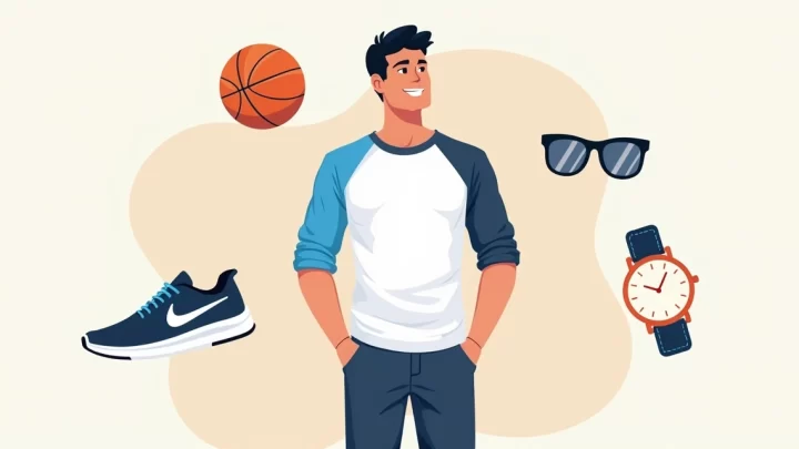 Homem vestindo camiseta raglan masculina em cores contrastantes, em um fundo minimalista com elementos esportivos e casuais