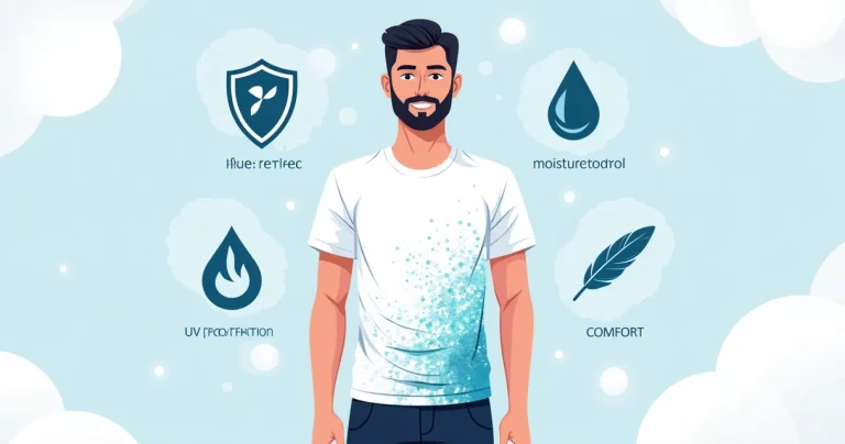 Ilustração corporativa de camiseta destacando tecido antimicrobiano com ícones de proteção e conforto