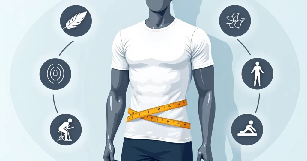 Ilustração corporativa de camiseta masculina em destaque mostrando textura de tecido viscolycra com ícones de conforto e caimento
