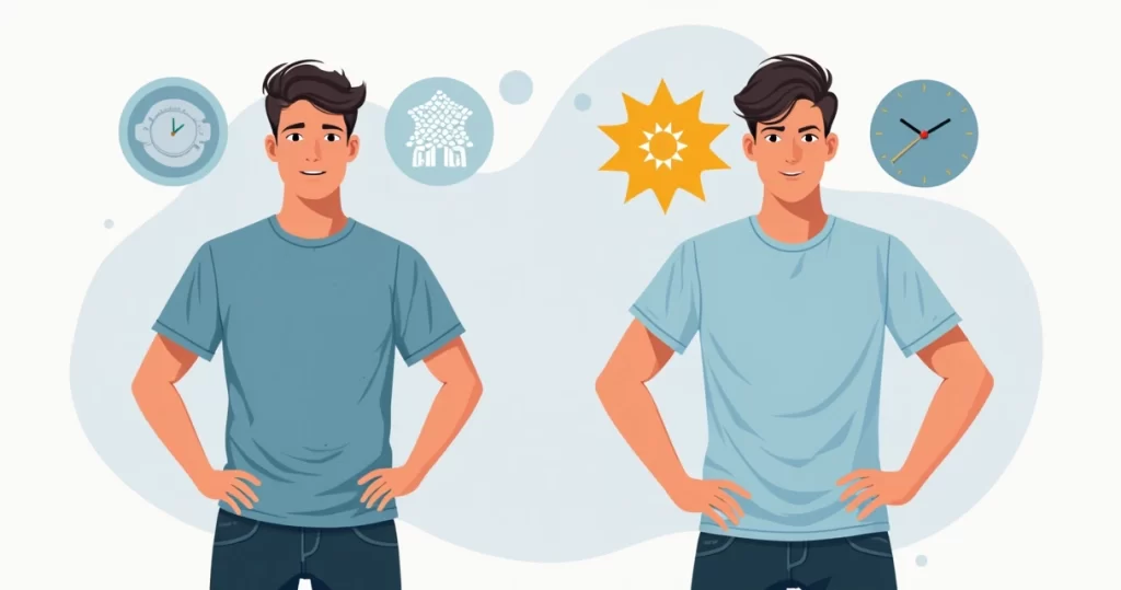 Ilustração comparativa entre malha de camiseta de alta e baixa qualidade, destacando textura e conforto
