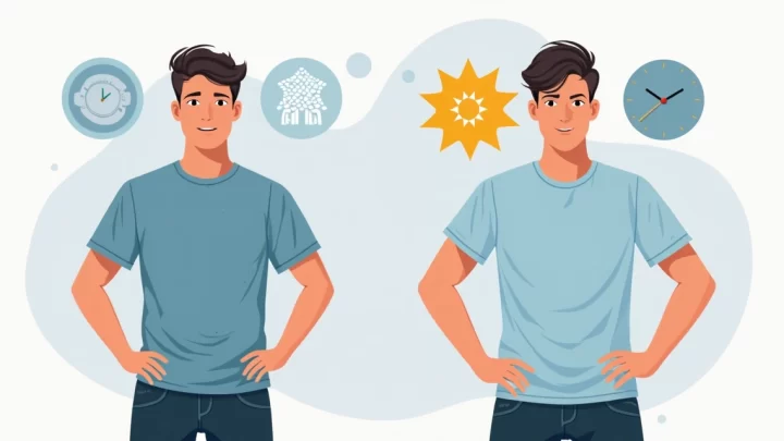 Ilustração comparativa entre malha de camiseta de alta e baixa qualidade, destacando textura e conforto