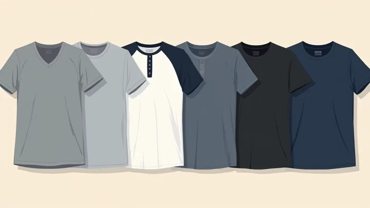 Conjunto de camisetas básicas masculinas em diferentes estilos e cores dispostas lado a lado