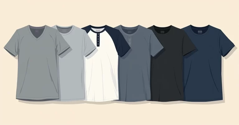 Conjunto de camisetas básicas masculinas em diferentes estilos e cores dispostas lado a lado