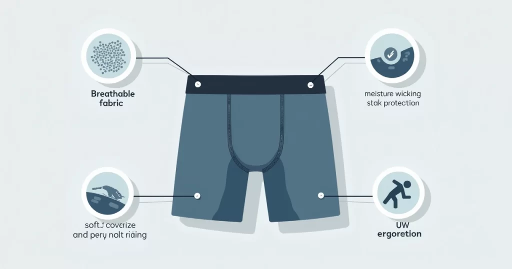 Ilustração corporativa plana de cueca boxer longa com detalhes confortáveis, tecido respirável e proteção contra assaduras
