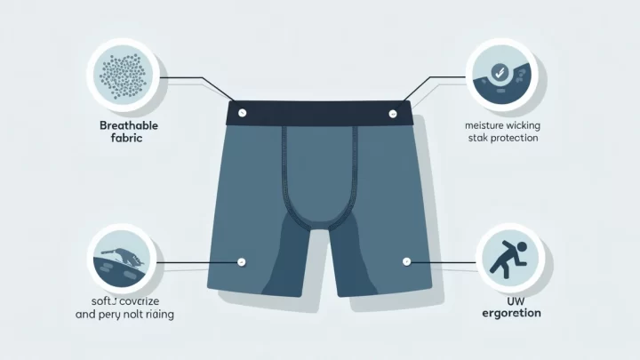 Ilustração corporativa plana de cueca boxer longa com detalhes confortáveis, tecido respirável e proteção contra assaduras