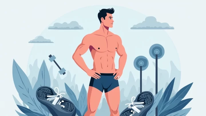 Ilustração corporativa de homem vestindo cueca boxer longa masculina, em fundo com elementos esportivos e destaque para tecidos confortáveis