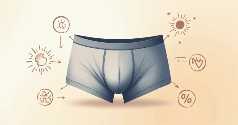 Ilustração corporativa flat de cueca boxer de poliamida destacada em primeiro plano com detalhes do tecido, sobre fundo claro e elementos gráficos que simbolizam conforto, leveza e proteção UV