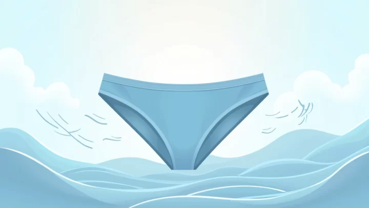 Ilustração corporativa flat de uma cueca samba canção em destaque, com tecido leve e solto, em tons de azul e branco, sobre um fundo abstrato claro com elementos que remetem ao conforto e ventilação, como ondas suaves e ícones de vento