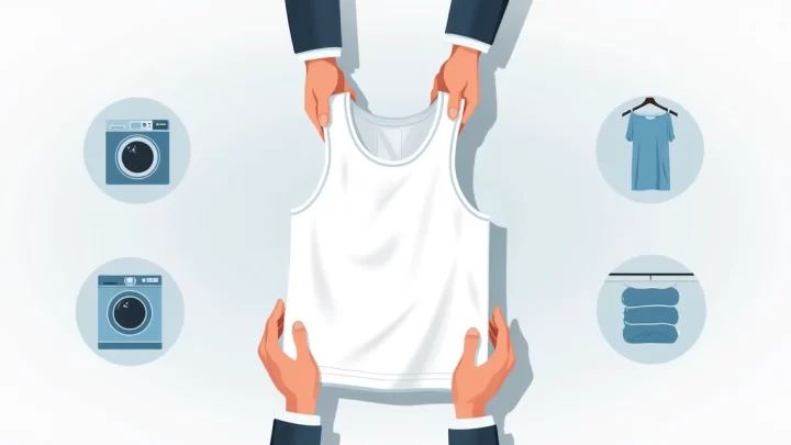 Ilustração corporativa flat de mãos segurando uma regata masculina branca sobre uma superfície clara, com ícones ao redor representando lavagem, secagem e armazenamento cuidadosos