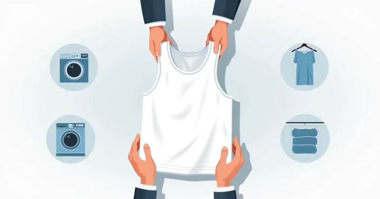 Ilustração corporativa flat de mãos segurando uma regata masculina branca sobre uma superfície clara, com ícones ao redor representando lavagem, secagem e armazenamento cuidadosos