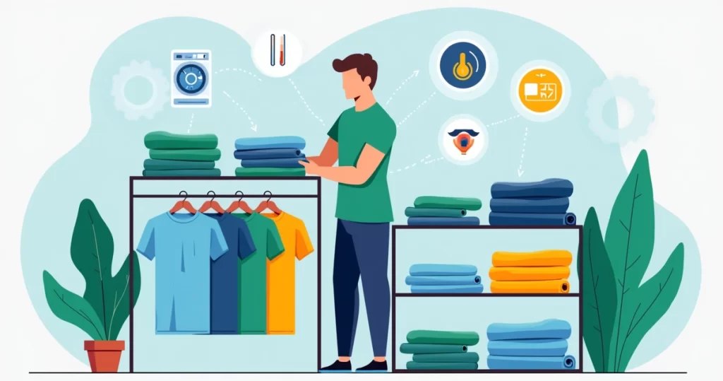 Ilustração corporativa de um homem organizando camisetas masculinas em prateleiras coloridas e dobradas com etiquetas de cuidados ao lado