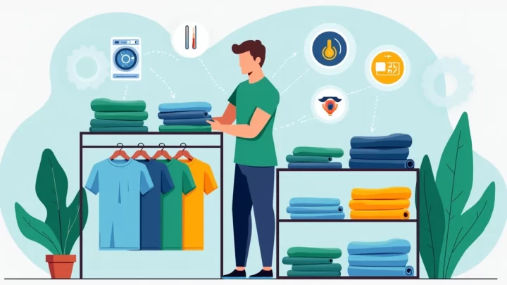 Ilustração corporativa de um homem organizando camisetas masculinas em prateleiras coloridas e dobradas com etiquetas de cuidados ao lado