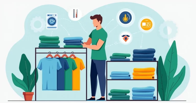 Ilustração corporativa de um homem organizando camisetas masculinas em prateleiras coloridas e dobradas com etiquetas de cuidados ao lado