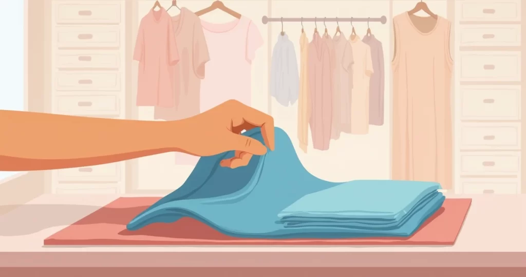 Ilustração plana corporativa mostrando uma mão dobrando uma camiseta e uma regata sobre uma superfície organizada com peças alinhadas e sem amassados