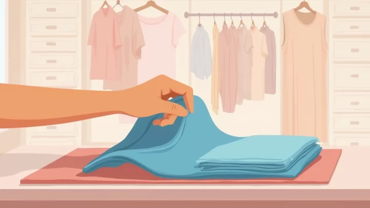 Ilustração plana corporativa mostrando uma mão dobrando uma camiseta e uma regata sobre uma superfície organizada com peças alinhadas e sem amassados