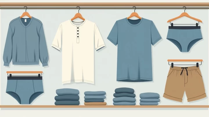 Ilustração flat corporativa de guarda-roupa masculino com camisetas lisas, bermudas e cuecas organizadas e destacadas em cores variadas
