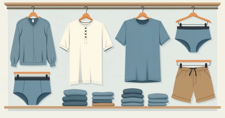 Ilustração flat corporativa de guarda-roupa masculino com camisetas lisas, bermudas e cuecas organizadas e destacadas em cores variadas