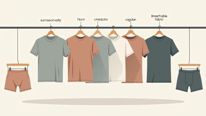 Ilustração plana corporativa de roupas masculinas básicas em cabides, incluindo camisetas, bermudas e cuecas organizadas