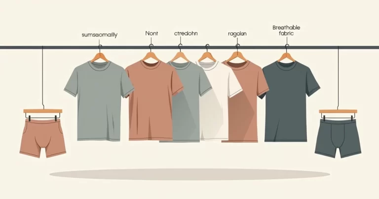 Ilustração plana corporativa de roupas masculinas básicas em cabides, incluindo camisetas, bermudas e cuecas organizadas