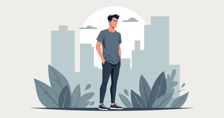 Ilustração corporativa de homem vestido com camiseta longline masculina em look casual e moderno, fundo urbano minimalista e cores neutras