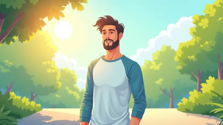 Homem usando camiseta masculina de manga longa leve em clima quente, cenário ao ar livre com sol, cores claras e elementos de verão