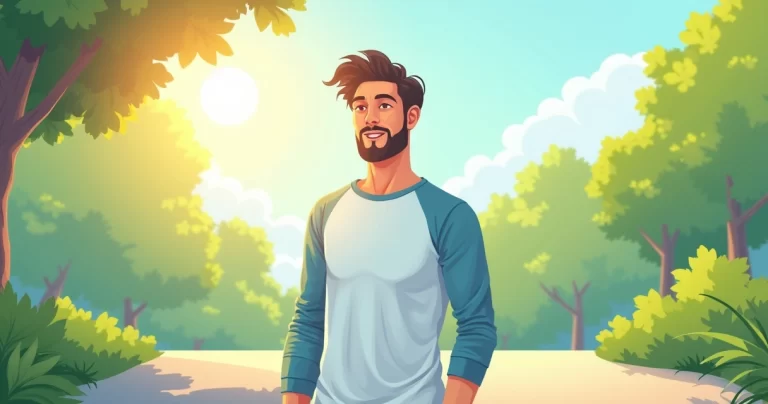 Homem usando camiseta masculina de manga longa leve em clima quente, cenário ao ar livre com sol, cores claras e elementos de verão