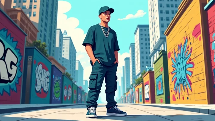 Homem vestindo camiseta oversized masculina em estilo streetwear, cenário urbano ao fundo com prédios e grafites coloridos