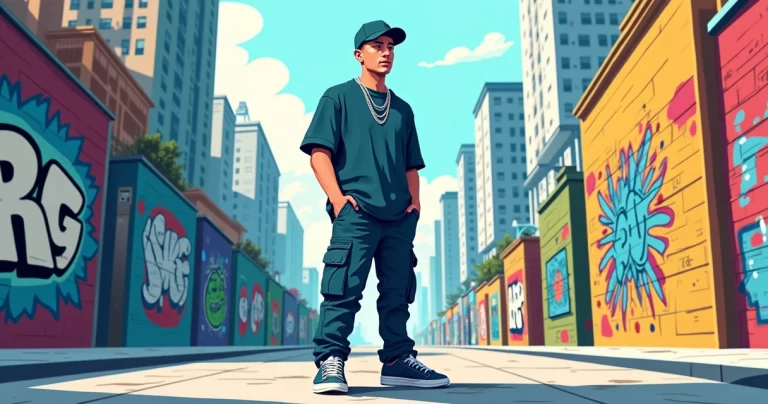 Homem vestindo camiseta oversized masculina em estilo streetwear, cenário urbano ao fundo com prédios e grafites coloridos