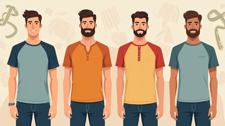 Homens com diferentes biotipos vestindo camisetas slim fit em várias cores e estilos, em fundo neutro