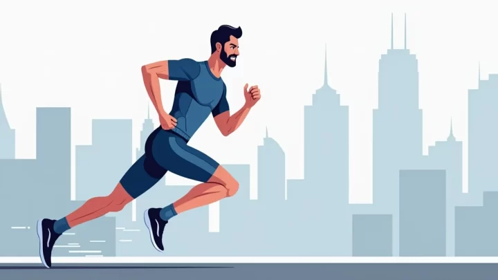 Homem correndo usando bermuda térmica masculina azul em ambiente urbano minimalista