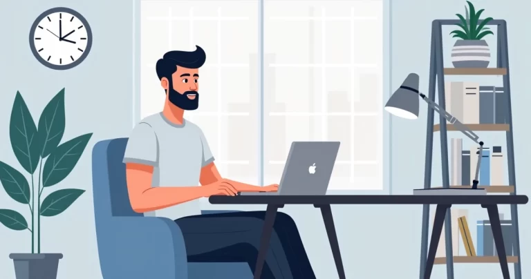 Homem sentado em escritório em casa usando camiseta casual confortável e calça, com laptop na mesa e janela ao fundo