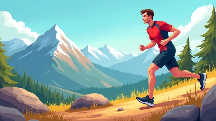 Homem vestindo camiseta técnica masculina em uma trilha ao ar livre com cores vibrantes e fundo com montanhas