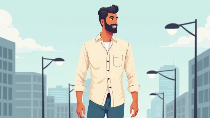 Homem vestindo camisa masculina alongada em look casual urbano, cores neutras e calça jeans