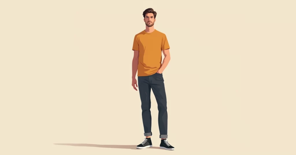 Ilustração corporativa de homem vestindo camiseta longline masculina em estilo swag minimalista, com fundo neutro e detalhes de roupas modernas