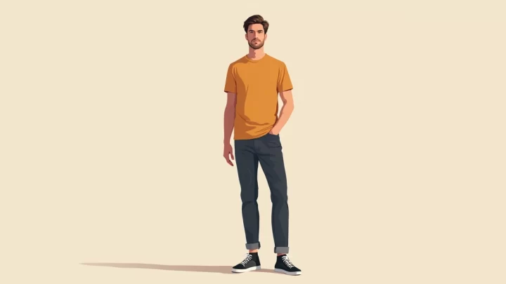 Ilustração corporativa de homem vestindo camiseta longline masculina em estilo swag minimalista, com fundo neutro e detalhes de roupas modernas