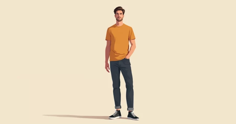 Ilustração corporativa de homem vestindo camiseta longline masculina em estilo swag minimalista, com fundo neutro e detalhes de roupas modernas