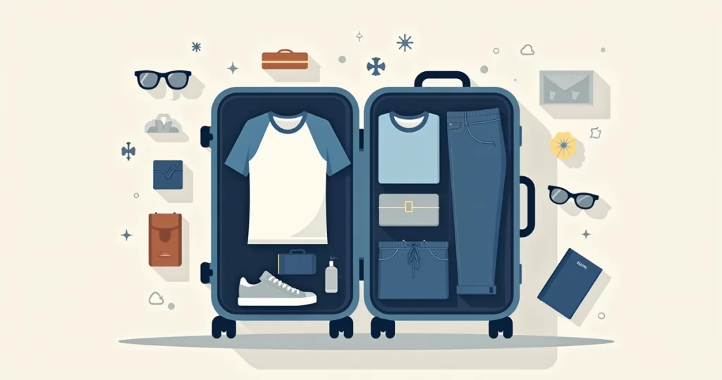 Ilustração plana corporativa de mala aberta com roupas masculinas organizadas para viagem curta