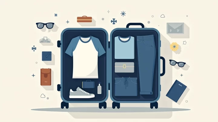 Ilustração plana corporativa de mala aberta com roupas masculinas organizadas para viagem curta