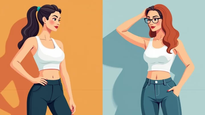 Ilustração corporativa flat de uma mulher usando top liso em diferentes estilos, como academia e look casual