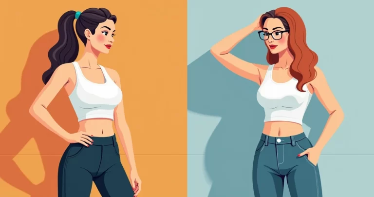 Ilustração corporativa flat de uma mulher usando top liso em diferentes estilos, como academia e look casual