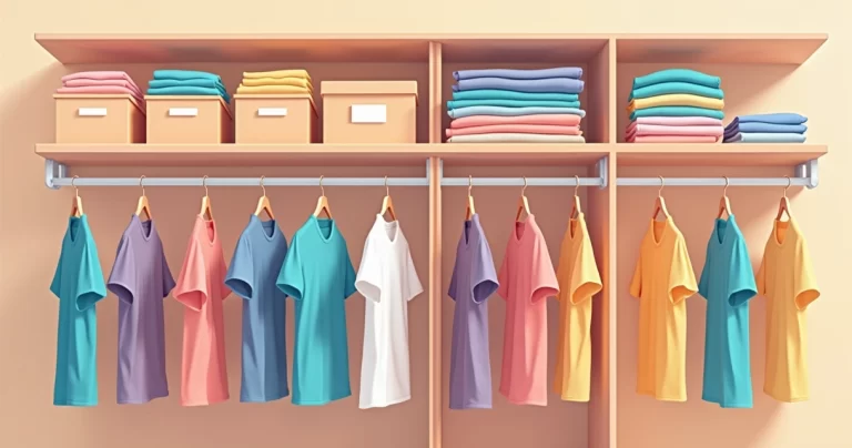 Ilustração plana corporativa de um armário organizado com camisetas dobradas para evitar amassados e caixas organizadoras