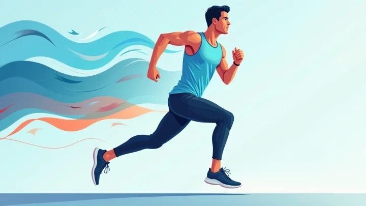 Homem usando regata esportiva masculina azul claro em pose de corrida, fundo com elementos gráficos de movimento e ventilação, cores vibrantes e design moderno