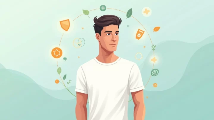 Ilustração corporativa plana de homem vestindo camiseta antialérgica em ambiente claro e arejado, com elementos que lembram proteção e conforto