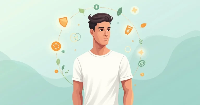 Ilustração corporativa plana de homem vestindo camiseta antialérgica em ambiente claro e arejado, com elementos que lembram proteção e conforto