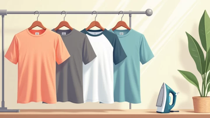 Ilustração de camisetas masculinas em cabides, tecidos leves e fáceis de passar em cores variadas, ambiente claro e organizado