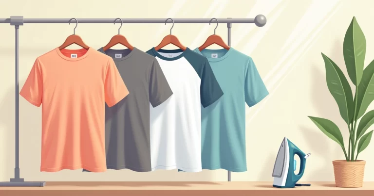 Ilustração de camisetas masculinas em cabides, tecidos leves e fáceis de passar em cores variadas, ambiente claro e organizado