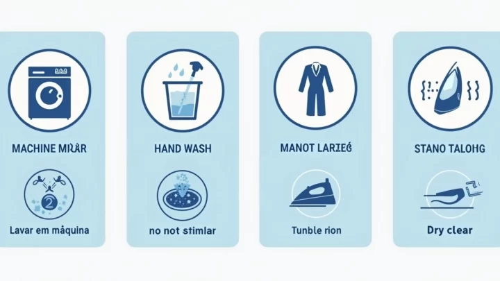 Ilustração de etiquetas com símbolos de lavagem para roupas masculinas mostrando instruções de lavagem, secagem e passar roupa