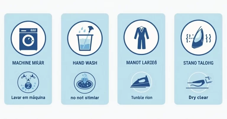 Ilustração de etiquetas com símbolos de lavagem para roupas masculinas mostrando instruções de lavagem, secagem e passar roupa